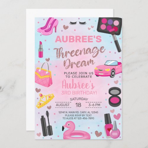 Threenage Dream girl 3rd third birthday invitation