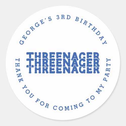 Threenager Name 3rd Birthday Blue Thank You Classic Round Sticker