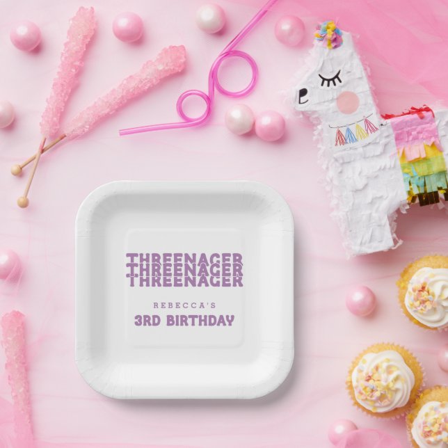 Threenager Name 3rd Birthday Lilac Paper Plates (Party)