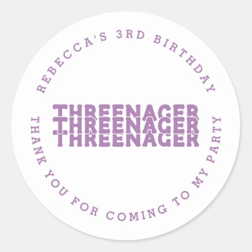 Threenager Name 3rd Birthday Lilac Thank You Classic Round Sticker