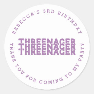 Threenager Name 3rd Birthday Lilac Thank You Classic Round Sticker