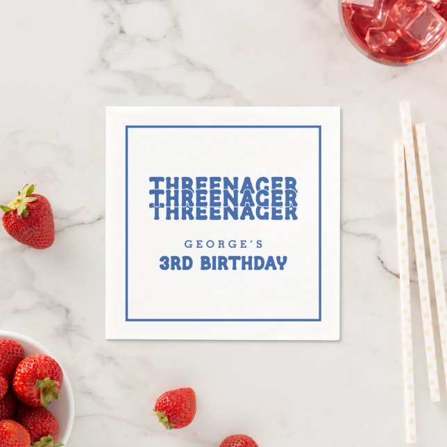 Threenager Name 3rd Birthday Line Border Blue Napkins (Insitu)