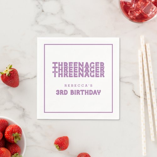 Threenager Name 3rd Birthday Line Border Lilac Napkins