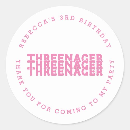 Threenager Name 3rd Birthday Pink Thank You Classic Round Sticker
