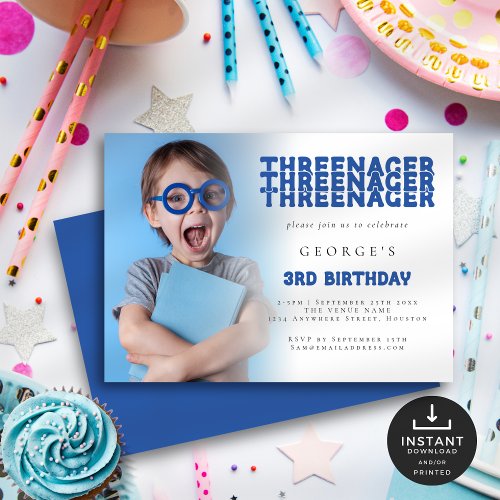 Threenager Photo Overlay 3rd Birthday Party Blue Invitation