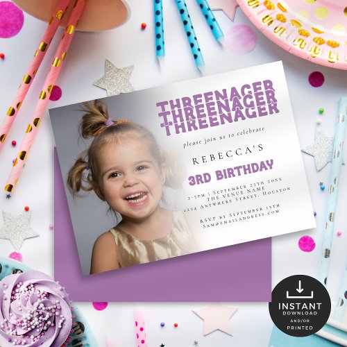 Threenager Photo Overlay 3rd Birthday Party Lilac Invitation