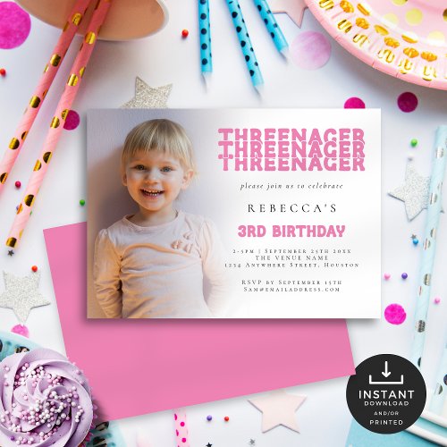 Threenager Photo Overlay 3rd Birthday Party Pink Invitation