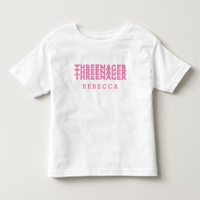 Threenager Retro Lettering Name Pink Toddler T-shirt (Front)