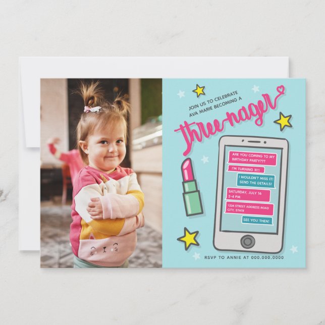 Threenager Third Birthday Photo Turning 3  Invitation (Front)