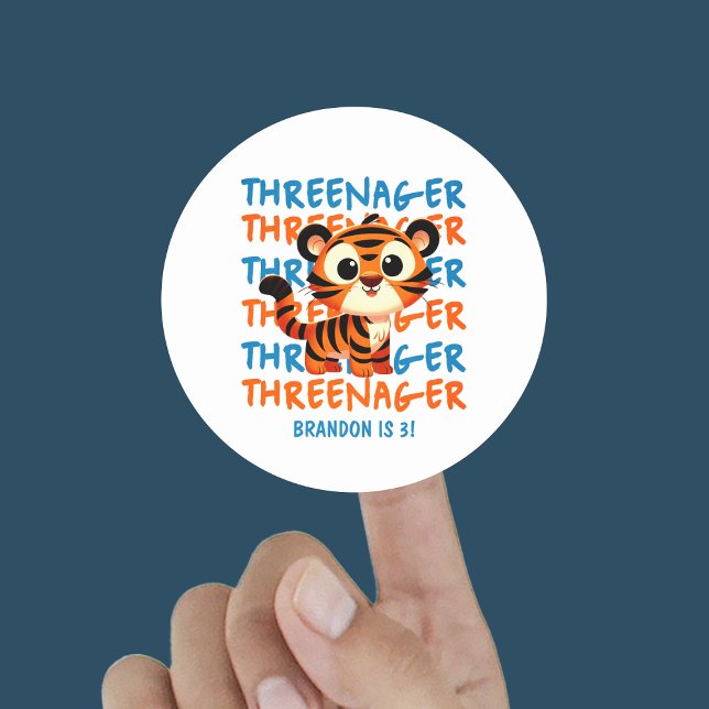Threenager Tiger Boy 3rd Birthday Party Classic Round Sticker (Threenager Tiger Boy 3rd Birthday Party Classic Round Sticker
)