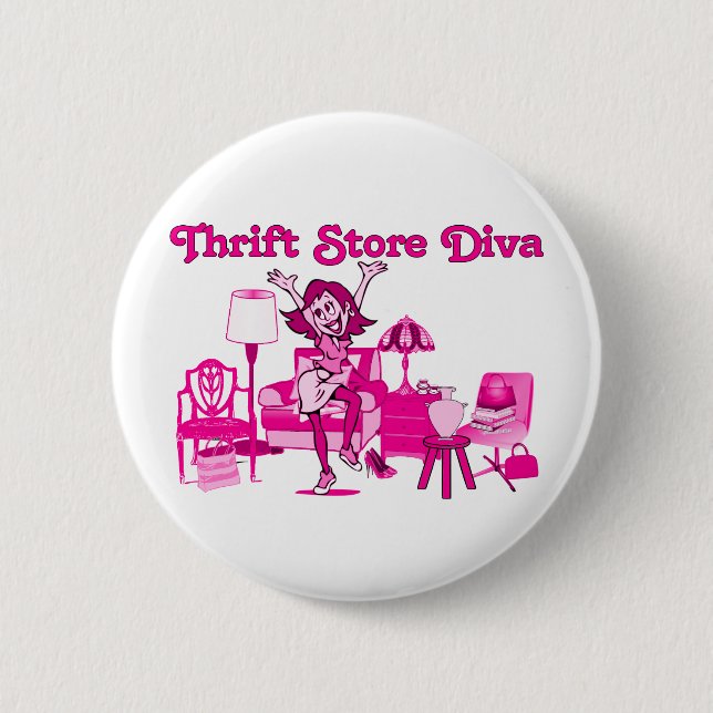 Thrift Store Diva Round Pinback Button (Front)