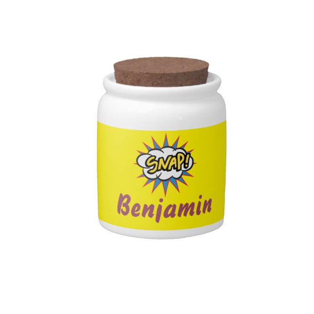 Thrilling Yellow Comic Snap Candy Jar (Front)