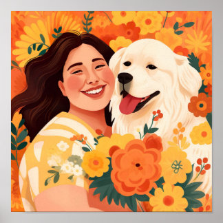 Thriving Woman & Rescue Dog Floral Portrait Poster