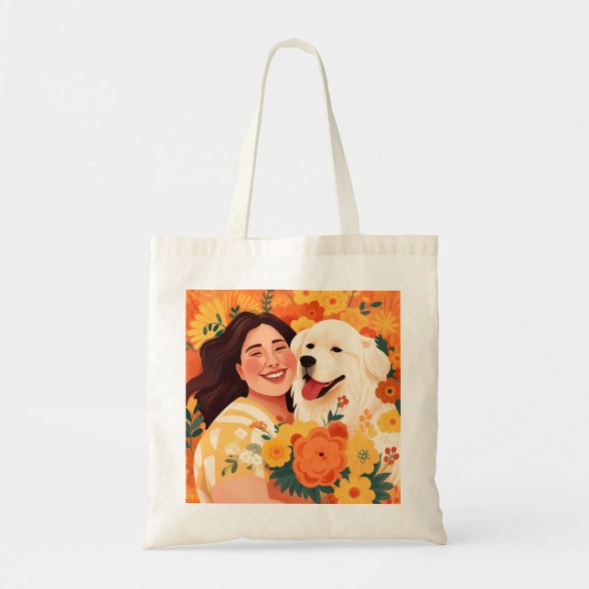 Thriving Woman & Rescue Dog Floral Portrait Tote Bag (Front)