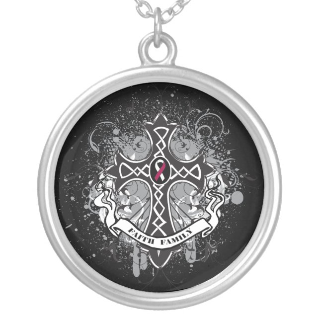 Throat Cancer - Faith Family Prayer Cross Silver Plated Necklace (Front)
