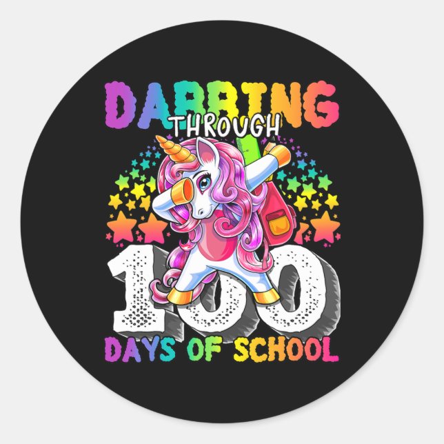 Through 100 Days Of School Dabbing Unicorn Girls  Classic Round Sticker (Front)