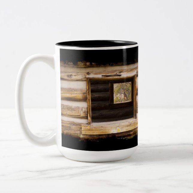 Through and Through Cabin Window on Black Two-Tone Coffee Mug (Left)
