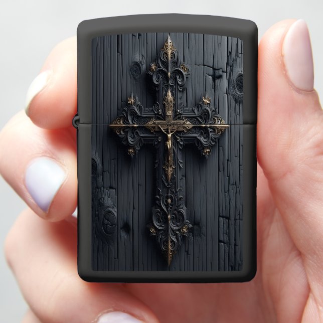 Through Fire's Embrace: A Cross in Burnt Wood Zippo Lighter (In Hand)