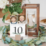 Through The Years Photos Wedding Table Number Sign<br><div class="desc">Personalized wedding table number signs featuring 2 photos of the bride and groom through the years to entertain guests. Fun to have similar age photos on the same sign and different photos on each table as guests mingle. Printed on both sides for two-sided viewing. CHANGES: The black text color can...</div>
