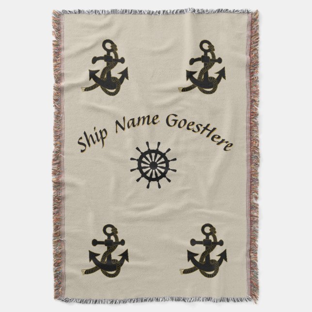 Throw Blanket - Ship Name with Anchors and Helm (Front Vertical)