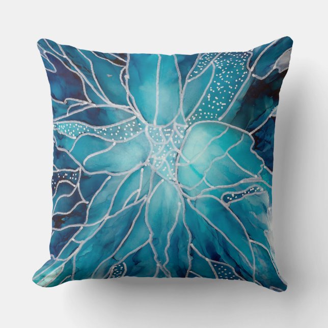Throw Cushion -  Alcohol Ink Art Blue White Flower (Front)