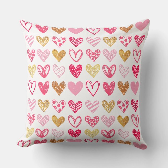 Throw Cushion - Pink and Gold Hearts (Front)