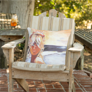 Throw Cushion with Blond Girl on Beach