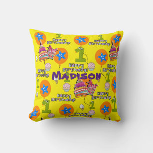Throw Pillow, #1 First Birthday Yellow Throw Pillow