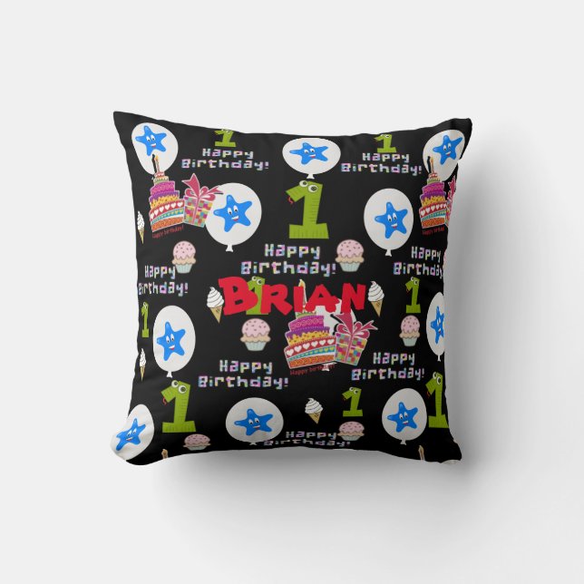 Throw Pillow, #1 Happy First Birthday Black Throw Pillow (Front)