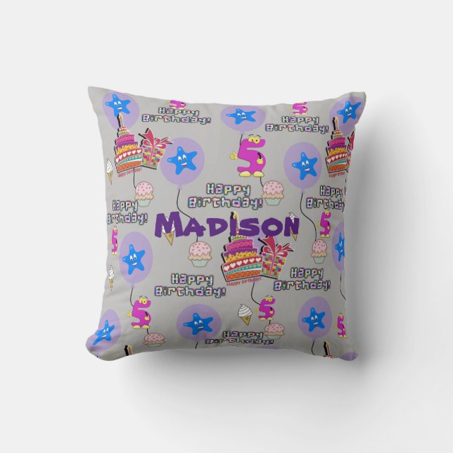 Throw Pillow, #5 Happy 5th Birthday Gray Pillow (Front)