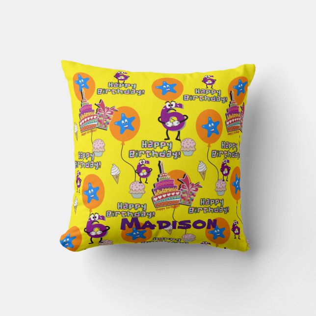 Throw Pillow, #6 Happy 6th Birthday Yellow Throw Pillow (Front)