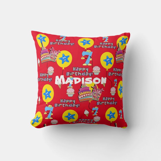 Throw Pillow, #7 Happy 7th Birthday Red Throw Pillow (Front)