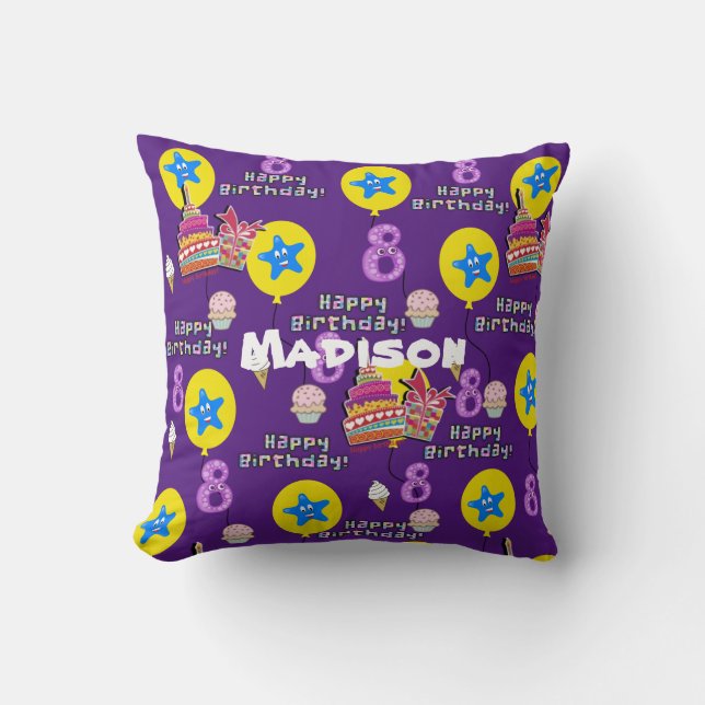 Throw Pillow, #8 Happy 8th Birthday Purple Throw Pillow (Front)