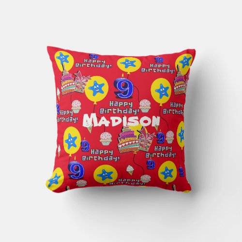 Throw Pillow 9 Happy 9th Birthday Red Throw Pillow