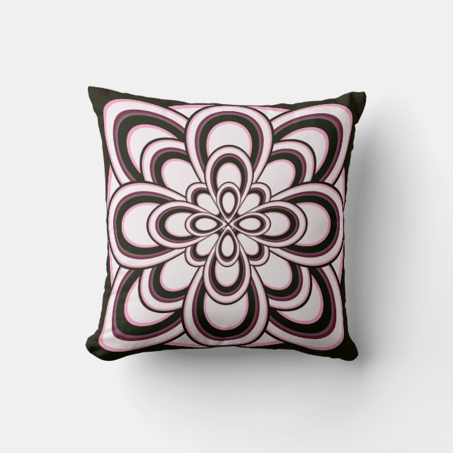 Throw Pillow, Abstract Flower 2, Black Pink White Pillow (Front)