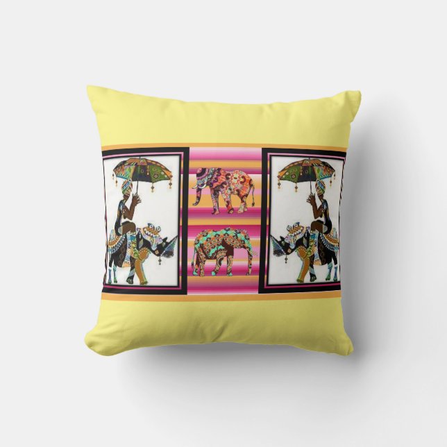 Throw Pillow African Women Yellow Elephant (Front)