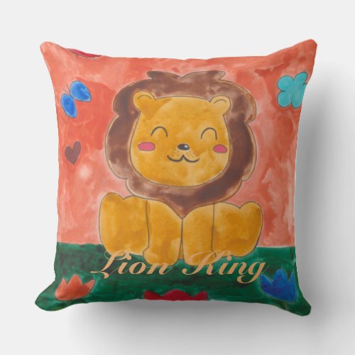 Throw Pillow Baby Lion Animal Watercolor Drawing