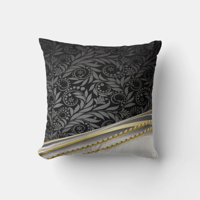 Throw Pillow/Black Swirls with Gold Ropes Throw Pillow (Front)