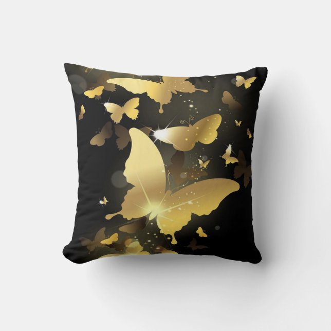 Throw Pillow/Black with Gold Butterflies Pillow (Front)