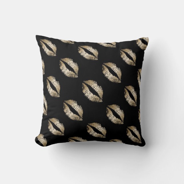 Throw Pillow/Black with Gold Lips Pillow (Front)