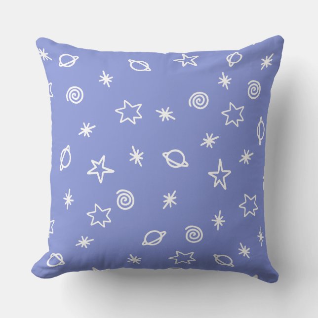 Throw Pillow Blue Space Doodle Stars Planets (Front)