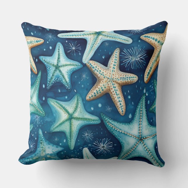 Throw Pillow Blue Starfish Beach Scene Tropical  (Front)