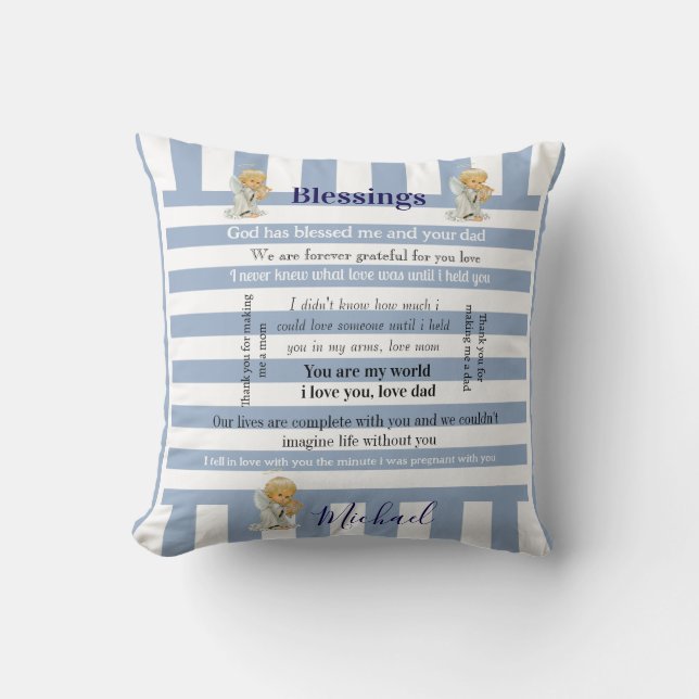 Throw Pillow Blue & White Stripe Blessings  (Front)