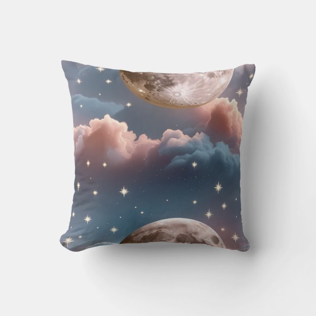 Throw Pillow - Blush Peach Sky Blue Celestial Moon (Front)