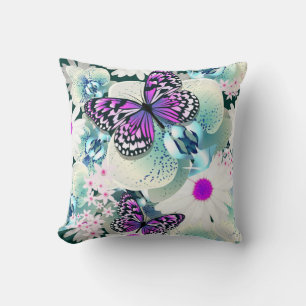 Throw Pillow/Butterflies, Orchids and Daisies Pillow