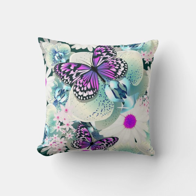 Throw Pillow/Butterflies, Orchids and Daisies Pillow (Front)