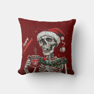 Throw Pillow Christmas Skeleton with Hot Cocoa