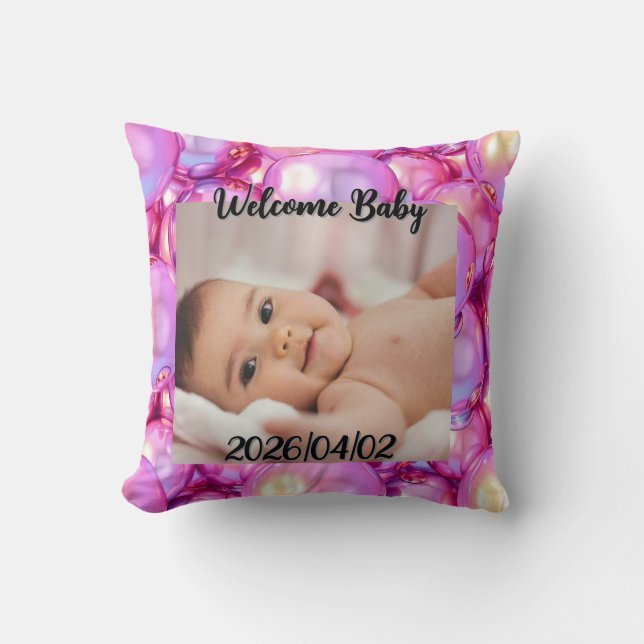 Throw Pillow Custom Welcome Baby Photo (Front)