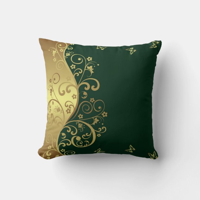 Throw Pillow--Dark Green & Gold Swirls Pillow (Front)