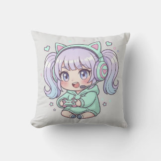 Throw Pillow - Enthusiastic Chibi Gamer Girl
